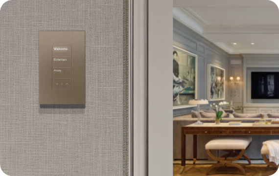 Wall-mounted home control beside a designed living room